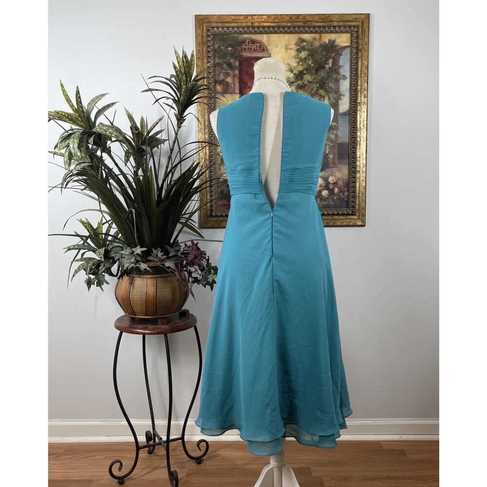 Teal Chiffon Sleeveless Midi Dress Pleated Twist Front Open Back Women’s 12 - Picture 5 of 9